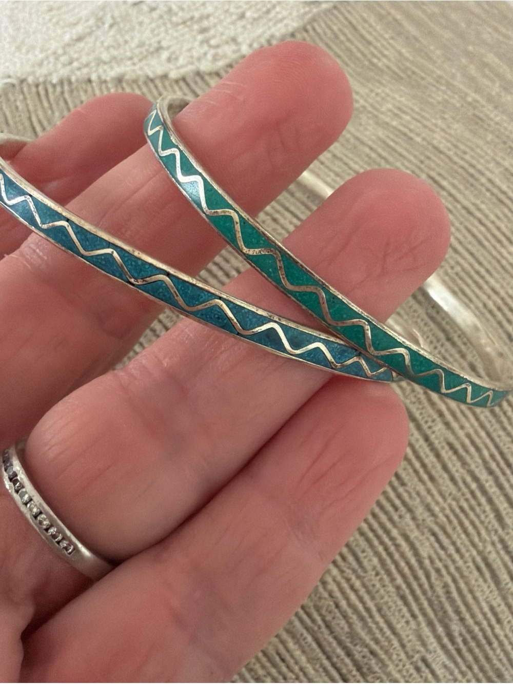 Vintage Turquoise Bangle Bracelets Mexico Alpaca  Inlay Bohemian Signed
